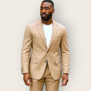 Stafford Mens Jacket‎ Sz 42R Poly Rayon Beige Tan Blazer Suit Classicore Preppy